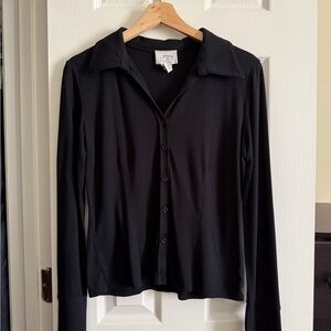 LOFT Black Stretch Knit Button-Down Top with Split Sleeve Hem